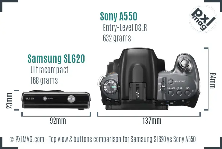 Samsung SL620 vs Sony A550 top view buttons comparison