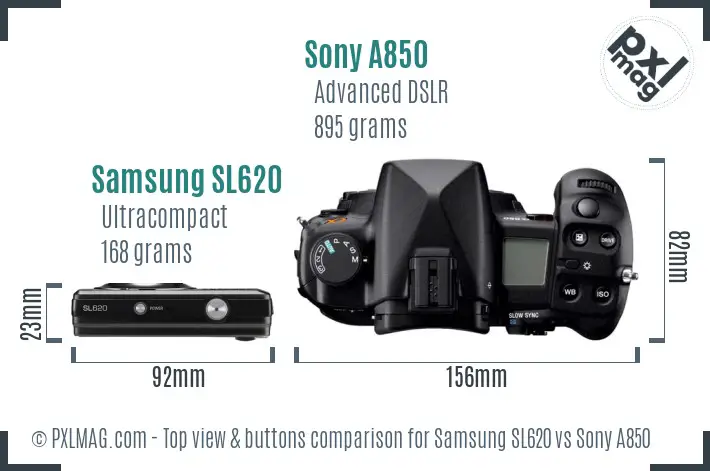 Samsung SL620 vs Sony A850 top view buttons comparison Samsung SL620 vs Sony A850 top view buttons comparison