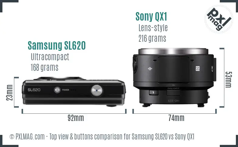 Samsung SL620 vs Sony QX1 top view buttons comparison