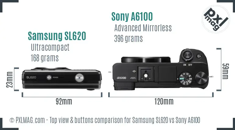 Samsung SL620 vs Sony A6100 top view buttons comparison