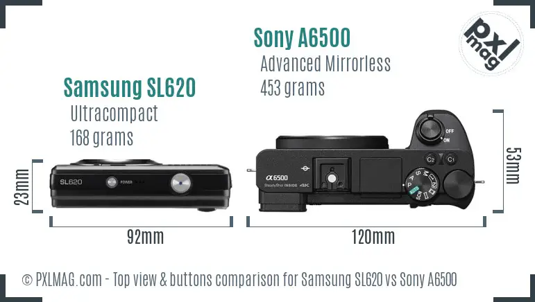 Samsung SL620 vs Sony A6500 top view buttons comparison Samsung SL620 vs Sony A6500 top view buttons comparison