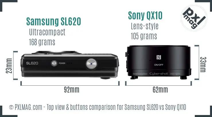 Samsung SL620 vs Sony QX10 top view buttons comparison