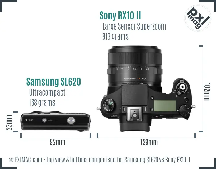 Samsung SL620 vs Sony RX10 II top view buttons comparison