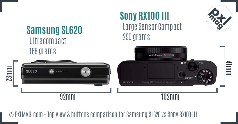 Samsung SL620 vs Sony RX100 III top view buttons comparison