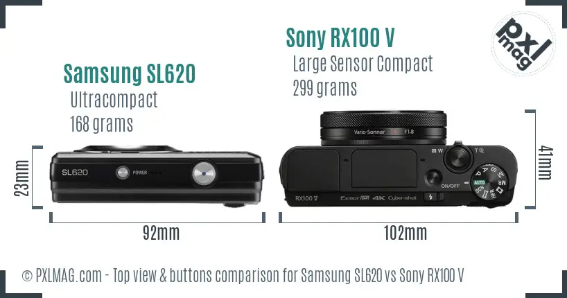 Samsung SL620 vs Sony RX100 V top view buttons comparison