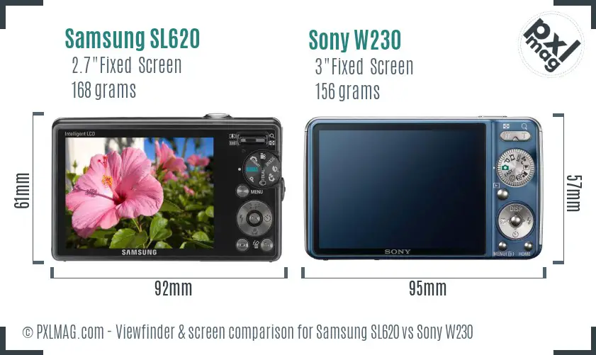 Samsung SL620 vs Sony W230 Screen and Viewfinder comparison