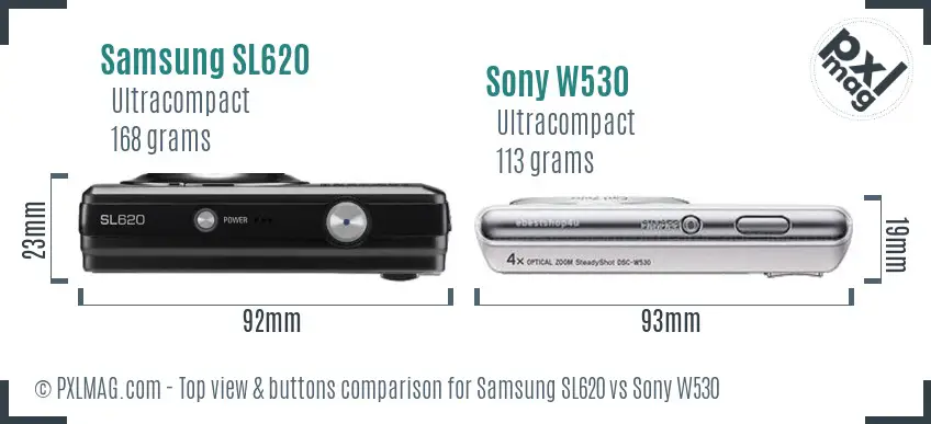 Samsung SL620 vs Sony W530 top view buttons comparison