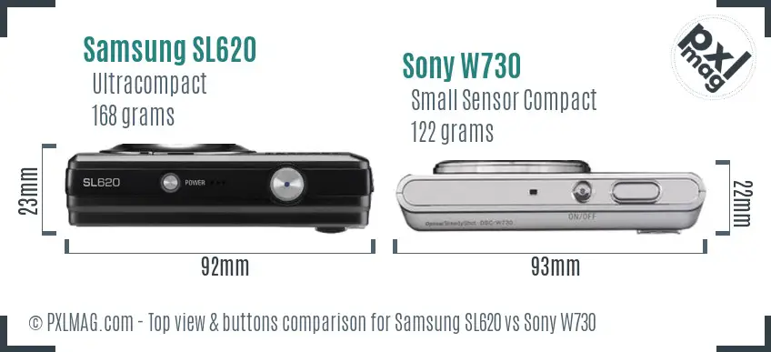 Samsung SL620 vs Sony W730 top view buttons comparison