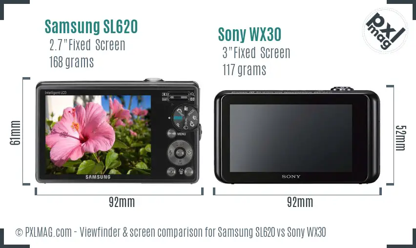 Samsung SL620 vs Sony WX30 Screen and Viewfinder comparison