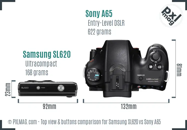 Samsung SL620 vs Sony A65 top view buttons comparison