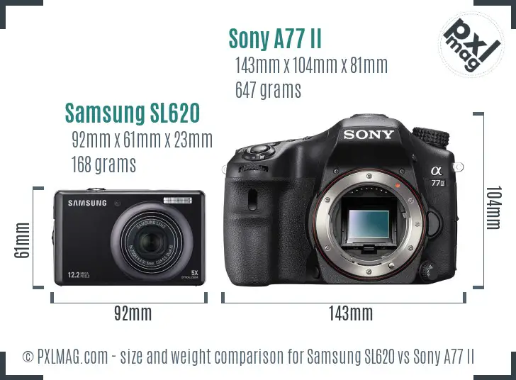 Samsung SL620 vs Sony A77 II size comparison