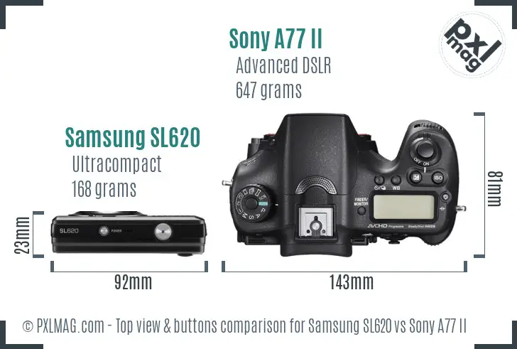 Samsung SL620 vs Sony A77 II top view buttons comparison