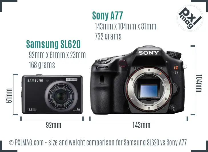 Samsung SL620 vs Sony A77 size comparison