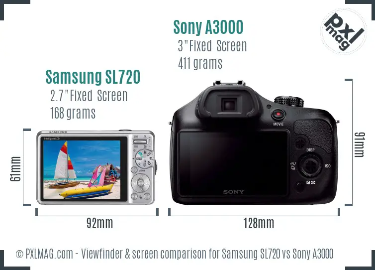 Samsung SL720 vs Sony A3000 Screen and Viewfinder comparison