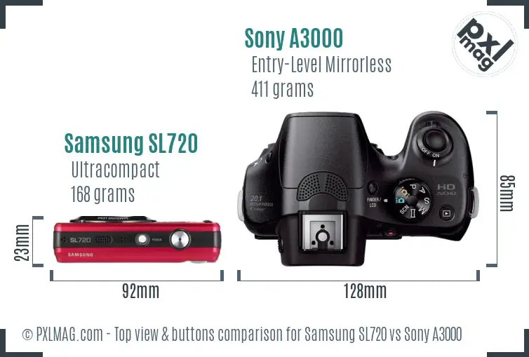 Samsung SL720 vs Sony A3000 top view buttons comparison