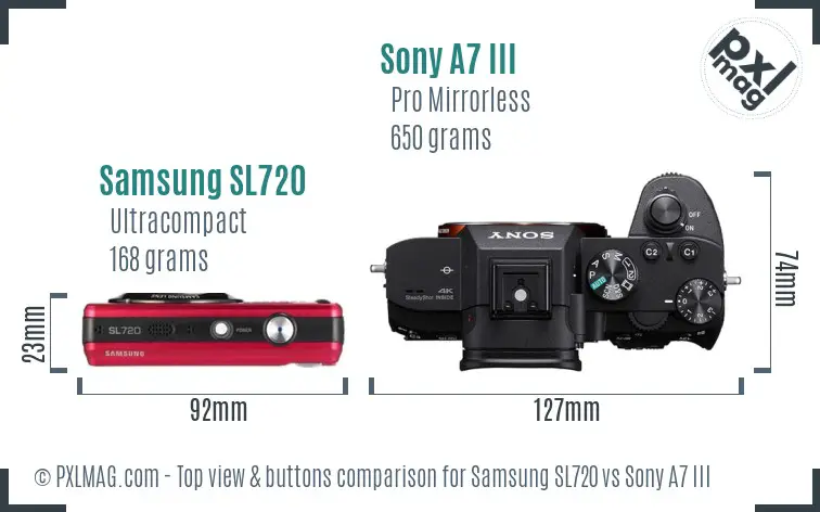 Samsung SL720 vs Sony A7 III top view buttons comparison