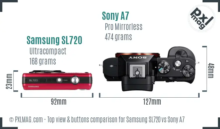 Samsung SL720 vs Sony A7 top view buttons comparison