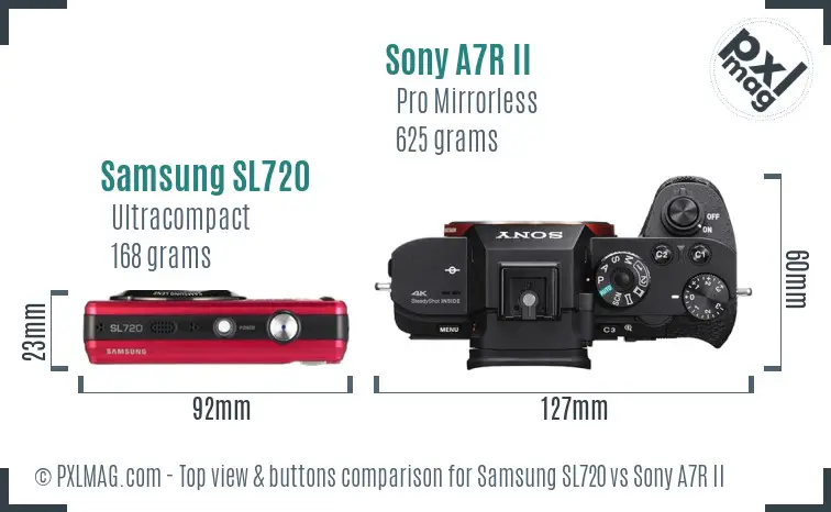 Samsung SL720 vs Sony A7R II top view buttons comparison