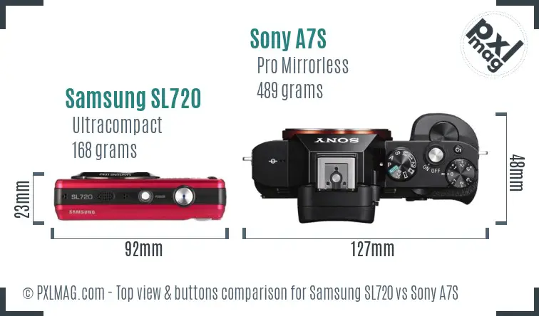 Samsung SL720 vs Sony A7S top view buttons comparison