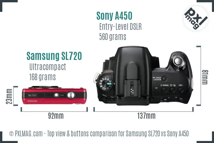 Samsung SL720 vs Sony A450 top view buttons comparison Samsung SL720 vs Sony A450 top view buttons comparison