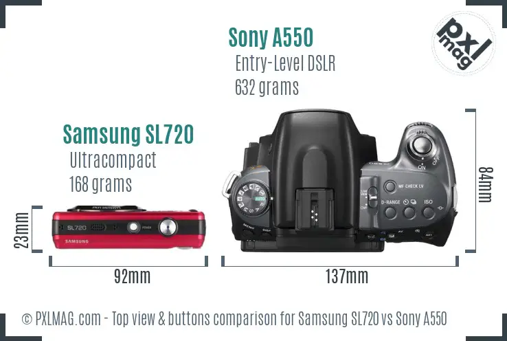 Samsung SL720 vs Sony A550 top view buttons comparison Samsung SL720 vs Sony A550 top view buttons comparison