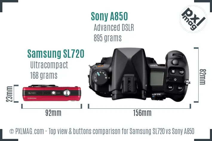 Samsung SL720 vs Sony A850 top view buttons comparison Samsung SL720 vs Sony A850 top view buttons comparison
