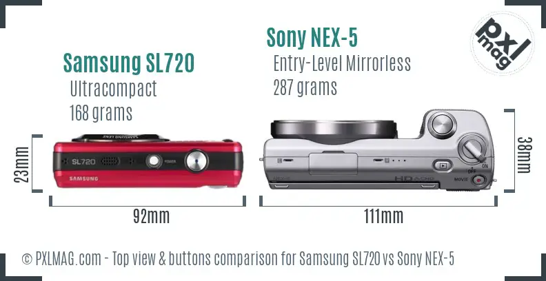 Samsung SL720 vs Sony NEX-5 top view buttons comparison Samsung SL720 vs Sony NEX-5 top view buttons comparison