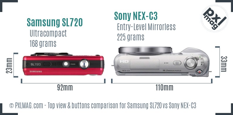 Samsung SL720 vs Sony NEX-C3 top view buttons comparison