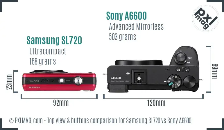 Samsung SL720 vs Sony A6600 top view buttons comparison Samsung SL720 vs Sony A6600 top view buttons comparison
