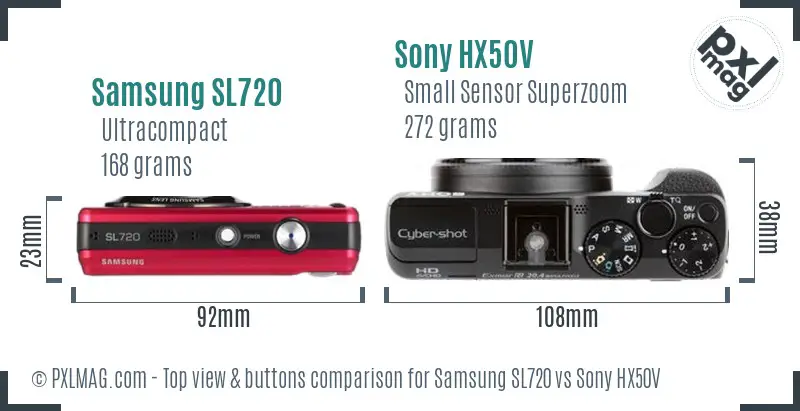 Samsung SL720 vs Sony HX50V top view buttons comparison