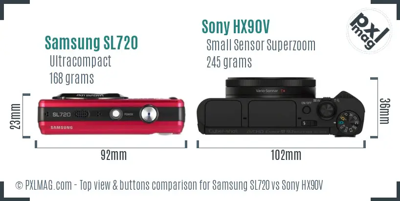 Samsung SL720 vs Sony HX90V top view buttons comparison Samsung SL720 vs Sony HX90V top view buttons comparison