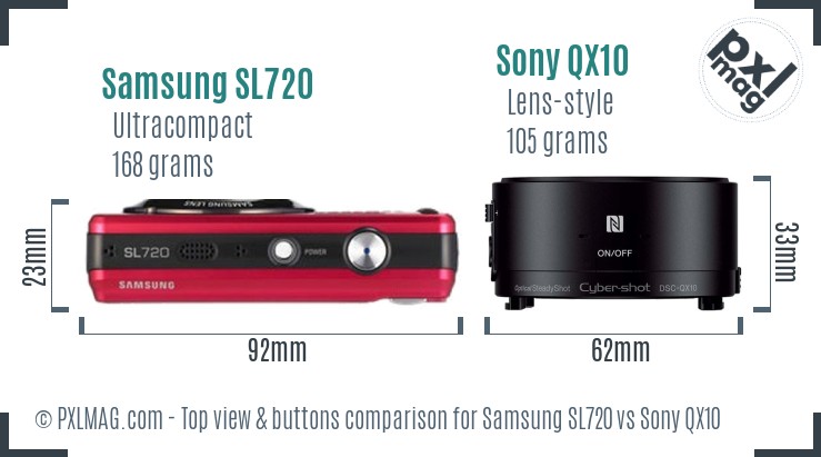 Samsung SL720 vs Sony QX10 top view buttons comparison