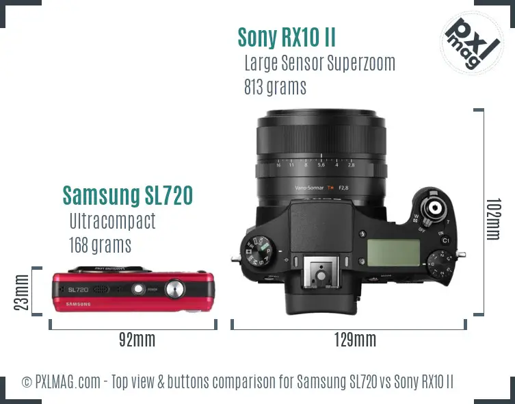 Samsung SL720 vs Sony RX10 II top view buttons comparison