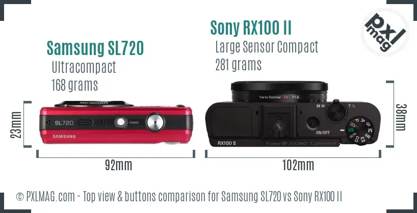 Samsung SL720 vs Sony RX100 II top view buttons comparison