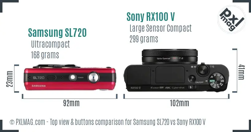 Samsung SL720 vs Sony RX100 V top view buttons comparison