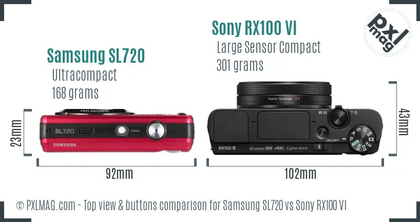 Samsung SL720 vs Sony RX100 VI top view buttons comparison Samsung SL720 vs Sony RX100 VI top view buttons comparison