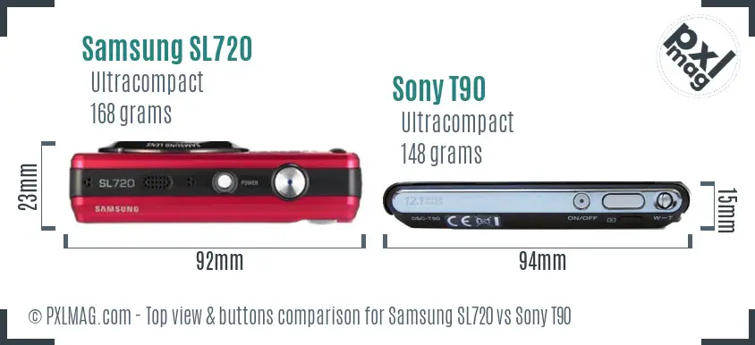 Samsung SL720 vs Sony T90 top view buttons comparison