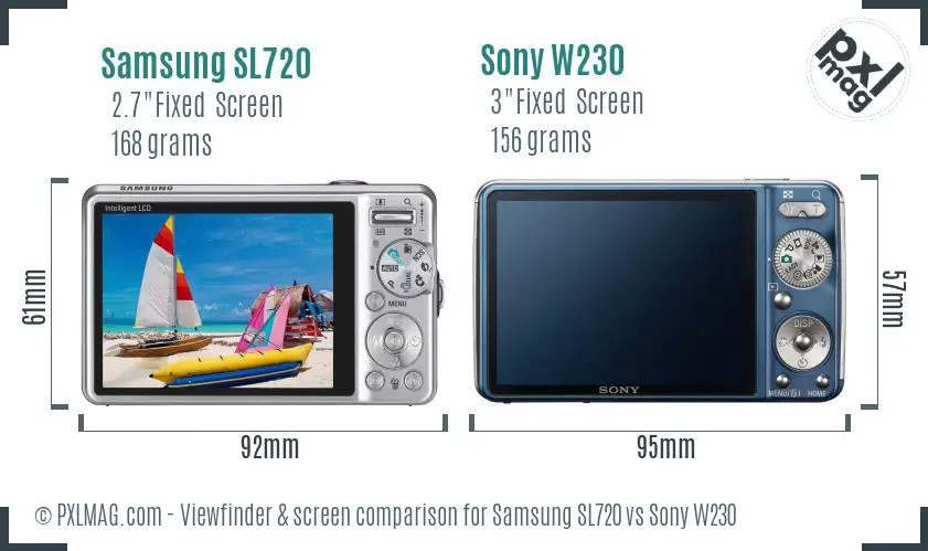 Samsung SL720 vs Sony W230 Screen and Viewfinder comparison