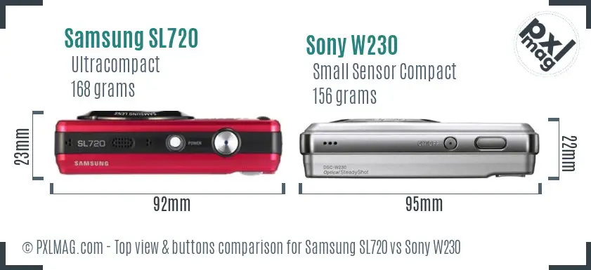 Samsung SL720 vs Sony W230 top view buttons comparison