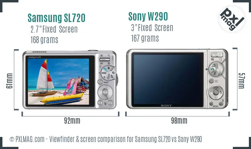 Samsung SL720 vs Sony W290 Screen and Viewfinder comparison