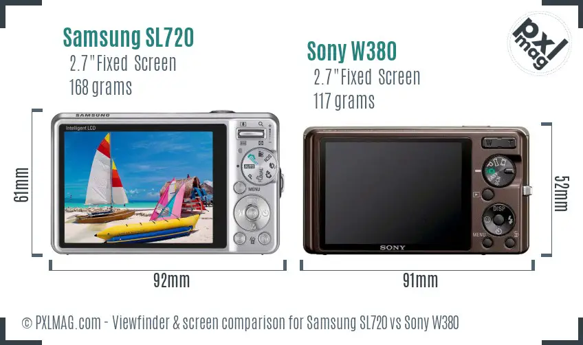 Samsung SL720 vs Sony W380 Screen and Viewfinder comparison