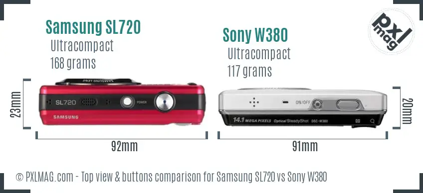 Samsung SL720 vs Sony W380 top view buttons comparison