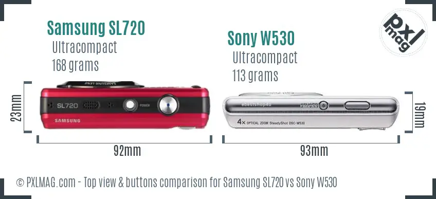 Samsung SL720 vs Sony W530 top view buttons comparison