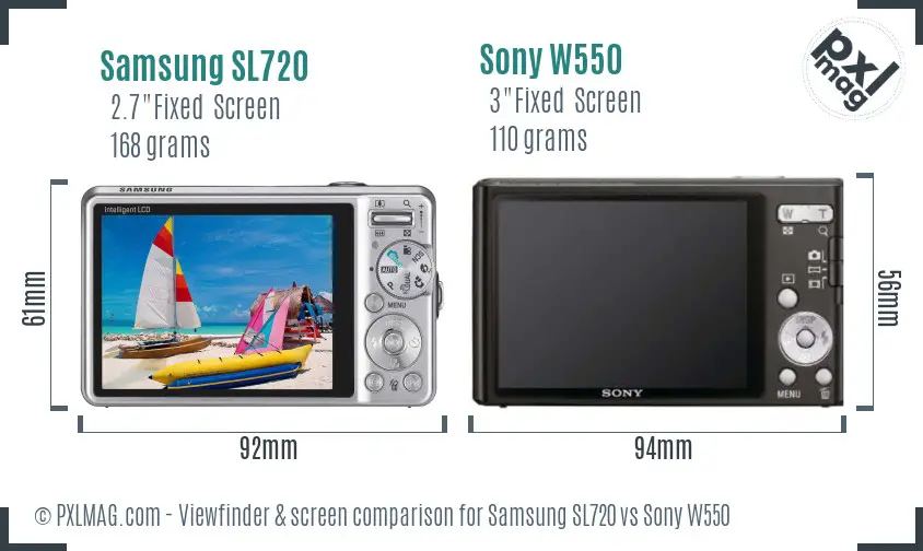 Samsung SL720 vs Sony W550 Screen and Viewfinder comparison
