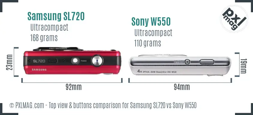 Samsung SL720 vs Sony W550 top view buttons comparison