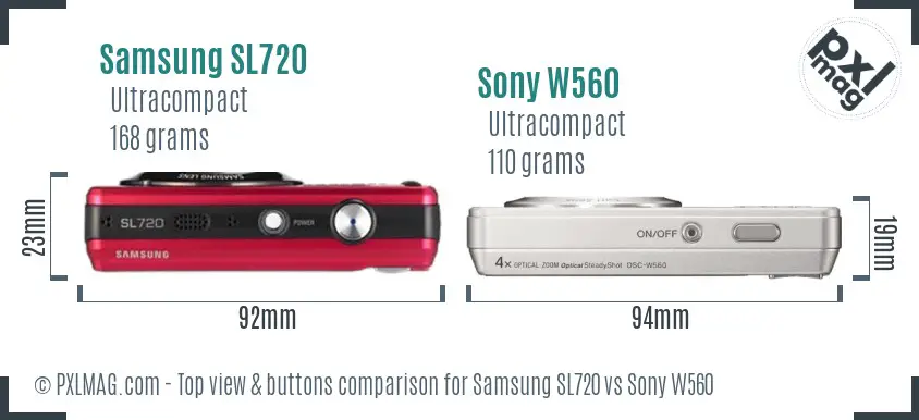 Samsung SL720 vs Sony W560 top view buttons comparison