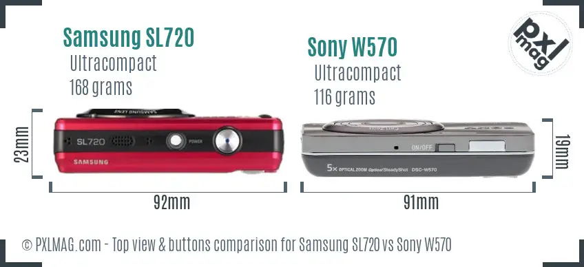 Samsung SL720 vs Sony W570 top view buttons comparison