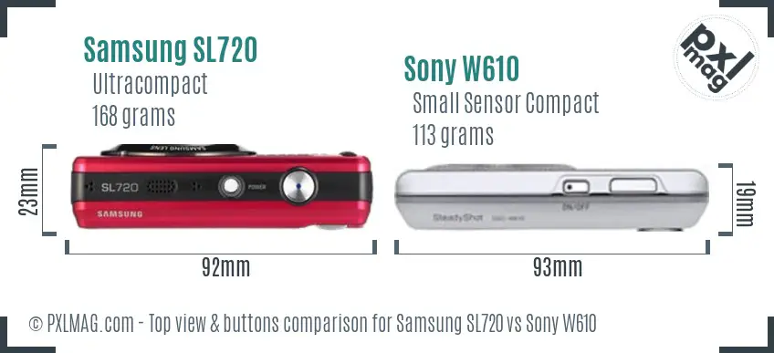 Samsung SL720 vs Sony W610 top view buttons comparison