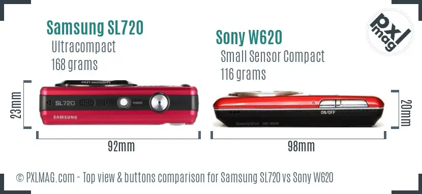 Samsung SL720 vs Sony W620 top view buttons comparison