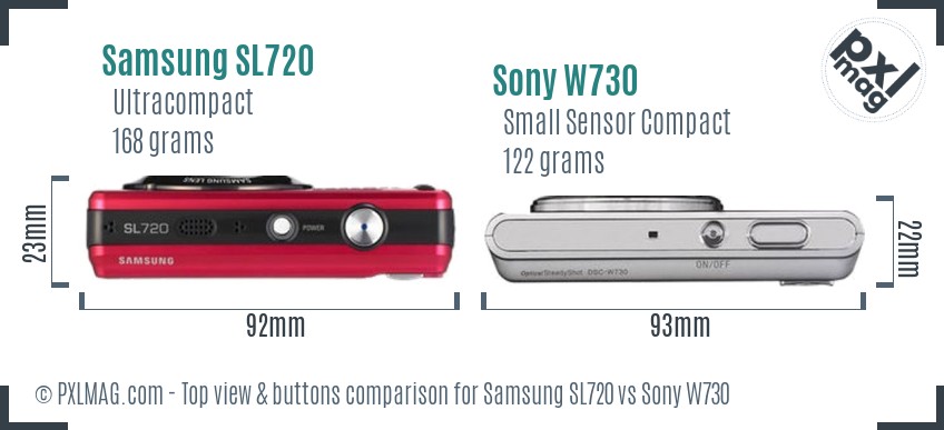 Samsung SL720 vs Sony W730 top view buttons comparison